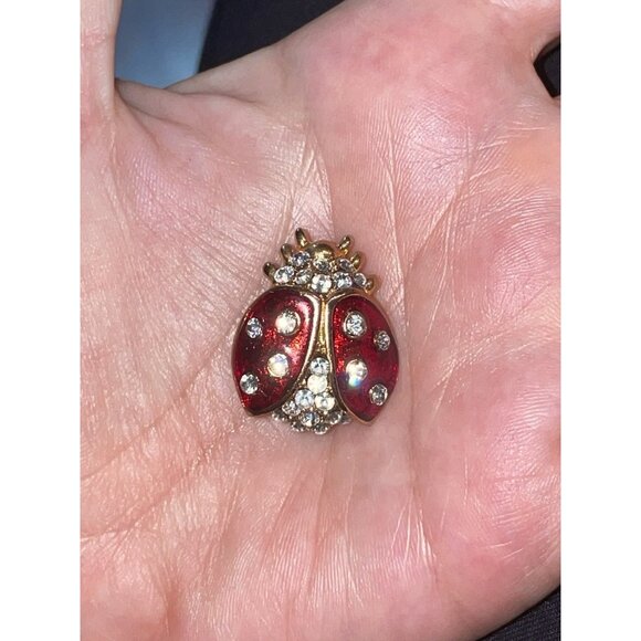 Signed SWAROVSKI Red Enamel Clear Rhinestone Gold-Tone Lady Bug Brooch Pin Swan - Picture 2 of 7
